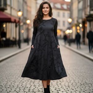 NEW Alembika Black Burnout Long Sleeve Maxi Swing Dress Size 2(M)